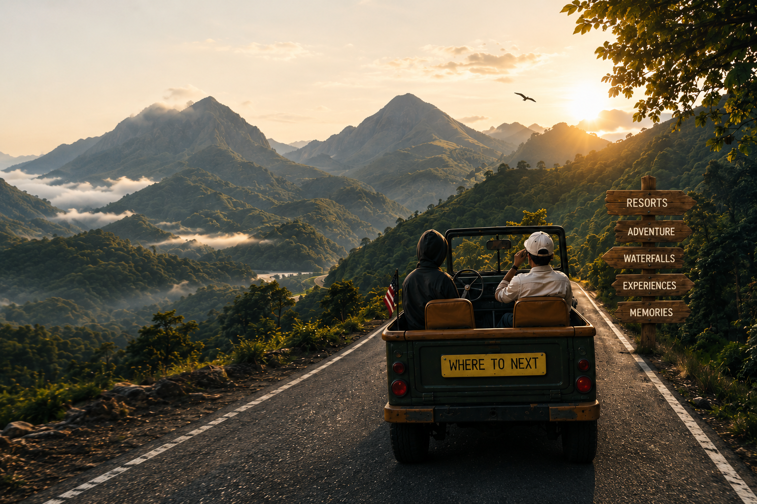 An open jeep following a winding road through the hills
