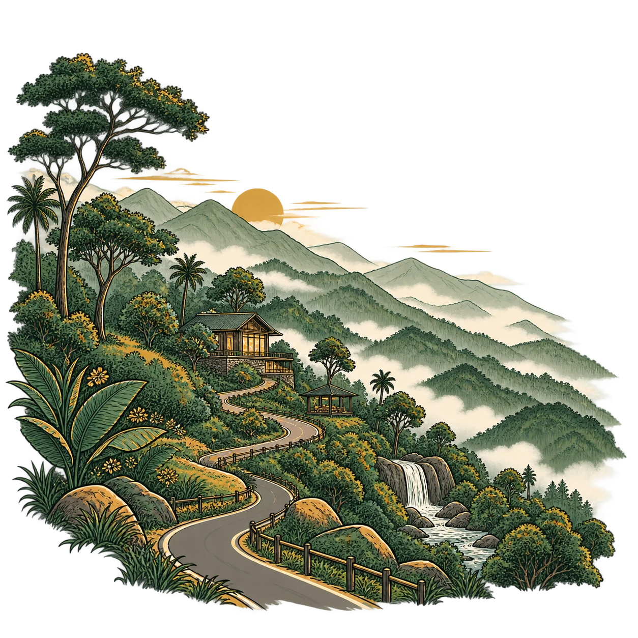 An illustrated hill road winding through forest to a resort